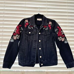 PACSUN black denim jacket with floral embroidery